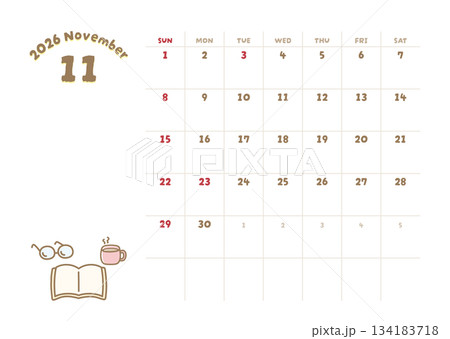 2026年11月カレンダー 本 読書の秋のイラスト 134183718