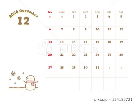2026年12月カレンダー 冬 雪だるまのイラスト 134183721