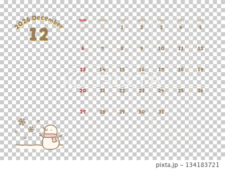 December 2026 Calendar Winter Snowman Illustration 134183721