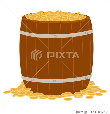 Antique wooden barrel with gold coins. Leprechaun treasure in wood container. Cask with magic wealth. Financial success. Fortune and luck. Golden cash. Irish money cauldron. Vector concept 134183735