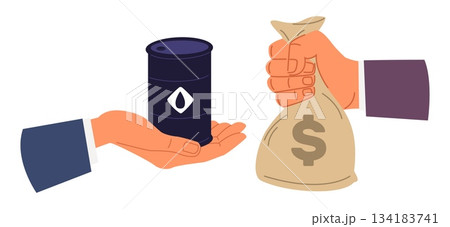 Businessmans hand holding barrel of oil and bag of money. Selling and buying petroleum products. Cost of gasoline. Business deal. Purchase payment. Arm paying for diesel. Vector concept Businessmans hand holding barrel of oil and bag of money. Selling and buying petroleum products. Cost of gasoline. Business deal. Purchase payment. Arm paying for diesel. Vector concept 134183741