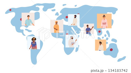 Businessmen and women of different countries and nationalities hold international online conference in front of world map. Multiethnic communication. Worldwide connection. Vector concept 134183742