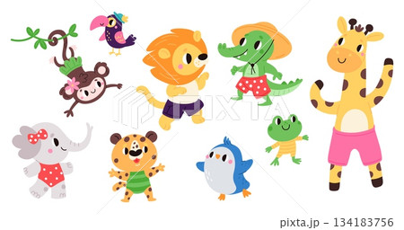 Cute cartoon animals in summer clothes. Happy mammal. Lion and giraffe. Elephant at beach. Crocodile in swimsuit. Joyful penguin. Monkey and frog fun. Vector isolated characters set 134183756