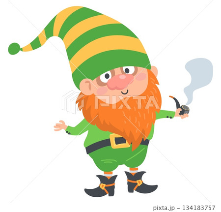 Cute cartoon gnome with beard and pipe. Leprechaun smoking tobacco. St. Patricks Day. Elf in green suit. Ireland dwarf. Fantasy lucky man. Vector isolated fairytale celtic character 134183757