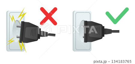 Electrical plug connected to outlet. Correct and incorrect connection of device to mains. Short circuit danger. Socket with electricity sparks. Unsafety electric connector. Vector concept Electrical plug connected to outlet. Correct and incorrect connection of device to mains. Short circuit danger. Socket with electricity sparks. Unsafety electric connector. Vector concept 134183765