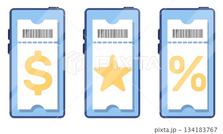 Electronic vouchers on your smartphone screen. Discount coupons with star, dollar sign and percentage. Barcode certificates. Digital tickets. Mobile application. Phone displays vector set 134183767