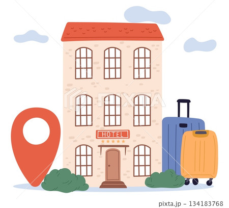 Five star hotel buildings with geotags and road suitcases. Booking hostel for trip. Location GPS pin. Travel baggage. Motel accommodation reservation. Tourist registration. Vector concept 134183768