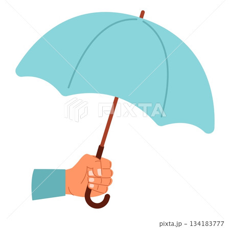 Hand holds umbrella. Insurance coverage. Help and support. Protect from rain and sun. Arm with sunshade. Businessman assistance. Rainy weather. Vector concept of protection and safety 134183777
