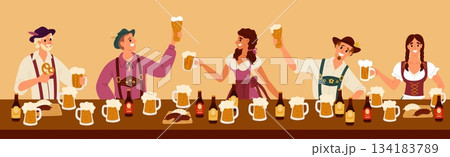 Men and women celebrate beer Bavarian festival. Happy people at table with ale pint glasses or alcohol bottles. Oktoberfest celebration. German holiday. Fried sausages snack. Vector concept 134183789