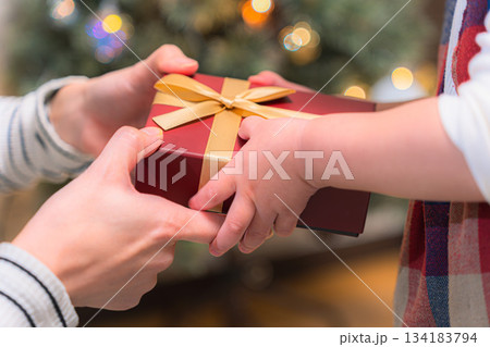 子どもへプレゼントを手渡す瞬間　クリスマスシーズンのギフトシーン 134183794