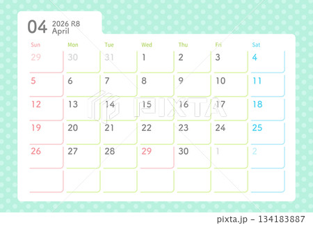 2026年カレンダー 4月 水玉模様 134183887