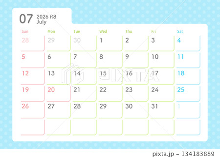 2026年カレンダー 7月 水玉模様 134183889