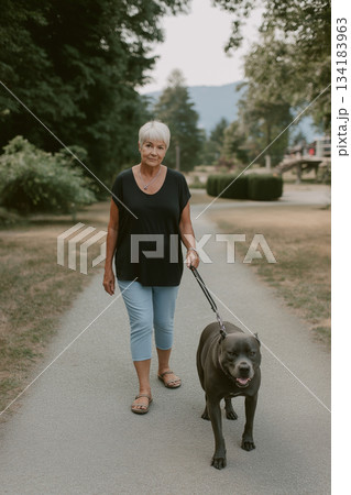 A woman strolls along a path with her fluffy dog 134183963