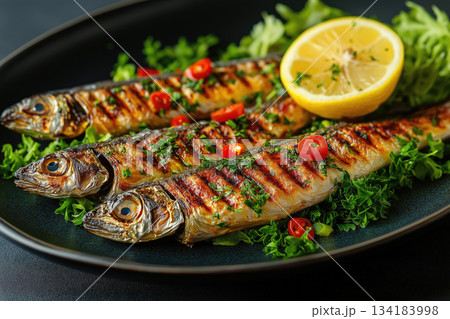 Grilled sardines with lemon and herbs Grilled sardines with lemon and herbs 134183998