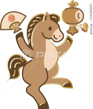 年賀2026　年賀状素材　和風モダンな午年の馬　扇子　小槌　日本画　手描き　かわいい　イラスト素材 134184047