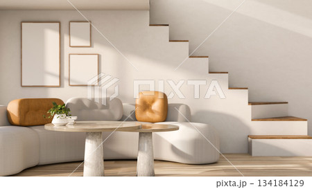 Sofa couch and table aside staircase with sunlight shining on white wall and wooden parquet floor. 134184129