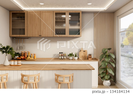 Wooden stool chairs and dining table with cooking counter and cupboard aside glass window in kitchen Wooden stool chairs and dining table with cooking counter and cupboard aside glass window in kitchen 134184134