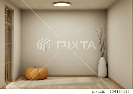 Cosy room with window and ceiling lamp over pumpkin stool chair and vase on wooden parquet floor Cosy room with window and ceiling lamp over pumpkin stool chair and vase on wooden parquet floor 134184135