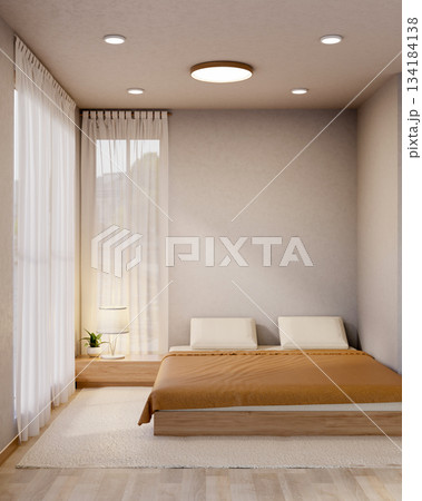 Cosy bedroom with pot plant on side table near window curtains on carpet over wooden parquet floor 134184138