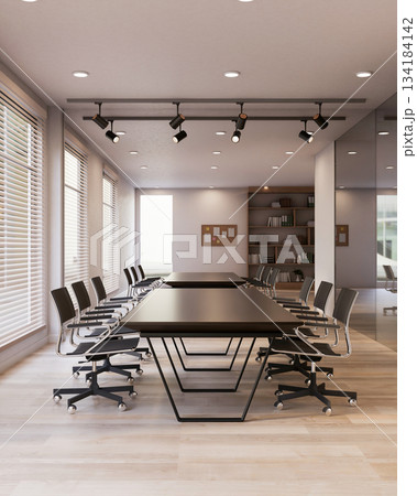 Black table and swivel chairs on wooden floor in office meeting room with lamp and window blinds Black table and swivel chairs on wooden floor in office meeting room with lamp and window blinds 134184142