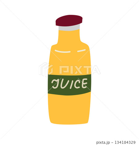 Flat cartoon vector illustration of doodle orange juice bottle with label and handwritten juice text, fresh drink theme, bright playful mood for food graphics, cafe projects and creative design Flat cartoon vector illustration of doodle orange juice bottle with label and handwritten juice text, fresh drink theme, bright playful mood for food graphics, cafe projects and creative design 134184329