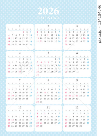 2026年 年間カレンダー水玉模様 水色 134184346