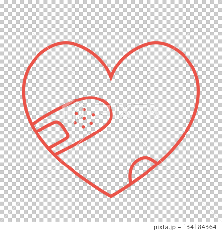 Simple hand-drawn illustration icon of a heart with a bandage on it, red Simple hand-drawn illustration icon of a heart with a bandage on it, red 134184364