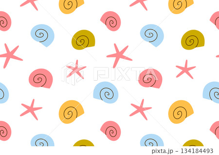 Flat cartoon vector illustration of colorful seashell pattern with simple organic shapes, beach and ocean theme, light summer mood, seamless decorative design for coastal prints, packaging 134184493