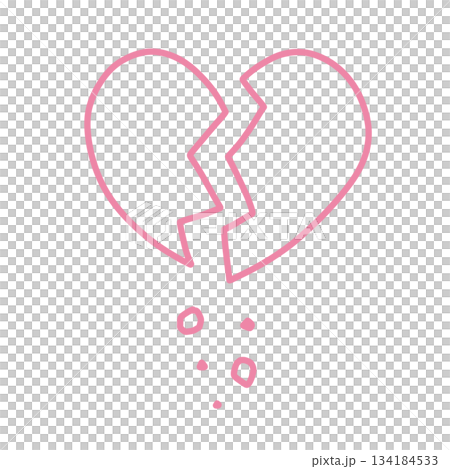 手繪插圖圖標，一顆破碎的心，碎片散落各處（粉紅色） 134184533