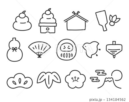 正月や年賀状のイラストセット 黒の画線 134184562