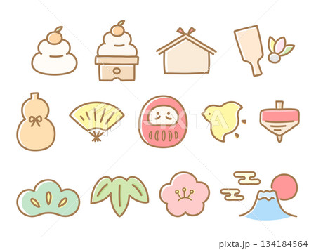 お正月 手描きのかわいい年賀状素材 134184564