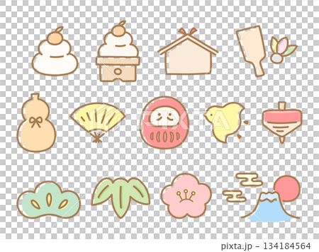 お正月 手描きのかわいい年賀状素材 134184564