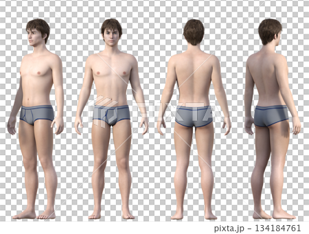 Full-body front and back view of a young man in underwear, front and back 3D illustration set Full-body front and back view of a young man in underwear, front and back 3D illustration set 134184761