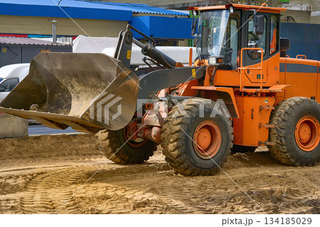 Load bucket of construction bulldozer,road repair 134185029