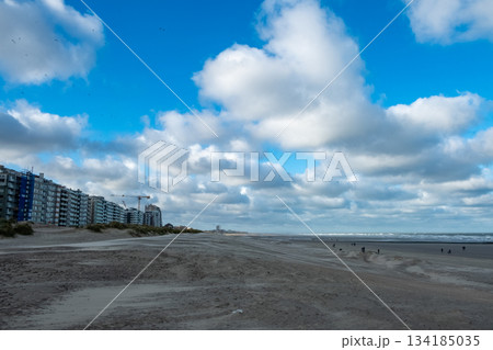 Nieuwpoort, West-Vlaanderen, Belgium, Ocotber 25th, 2025, Empty city shoreline with broad sands and 134185035