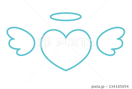 羽とヘイローがついたシンプルなハートの手描きイラストアイコン 水色 134185054