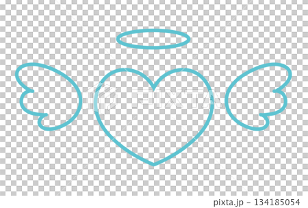 羽とヘイローがついたシンプルなハートの手描きイラストアイコン 水色 134185054