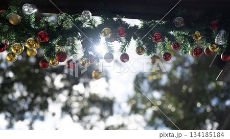 Holidays Christmas balls under tree and bokeh sunlight light Holidays Christmas balls under tree and bokeh sunlight light 134185184