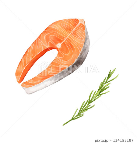 Isolated illustration of hand-painted raw salmon steak (red fish) and a sprig of fresh rosemary. Perfect for elegant restaurant menu design, gourmet recipe cards, seafood packaging, or kitchen decor. 134185197