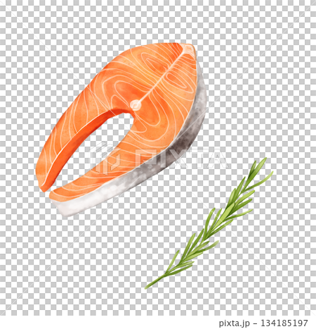 Isolated illustration of hand-painted raw salmon steak (red fish) and a sprig of fresh rosemary. Perfect for elegant restaurant menu design, gourmet recipe cards, seafood packaging, or kitchen decor. 134185197