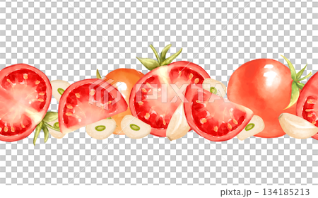 Seamless illustration of a horizontal border hand-painted red tomato slices and garlic cloves. Perfect for restaurant menu footer, rustic food packaging, kitchen decor, or cooking blog divider. Seamless illustration of a horizontal border hand-painted red tomato slices and garlic cloves. Perfect for restaurant menu footer, rustic food packaging, kitchen decor, or cooking blog divider. 134185213
