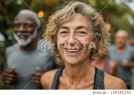A joyful senior woman smiles brightly during an outdoor fitness activity, surrounded by friends jogging in the background, embodying health, energy, and vitality. A joyful senior woman smiles brightly during an outdoor fitness activity, surrounded by friends jogging in the background, embodying health, energy, and vitality. 134185230
