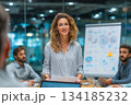 A confident businesswoman leads a meeting, standing with notes in hand, presenting ideas to her team in a modern office with a creative whiteboard behind her. 134185232