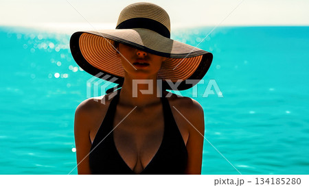 Beautiful woman wearing large sun hat black swimsuit posing blue sea water background summer vacation holiday travel tropical resort elegant fashion mysterious lady Beautiful woman wearing large sun hat black swimsuit posing blue sea water background summer vacation holiday travel tropical resort elegant fashion mysterious lady 134185280