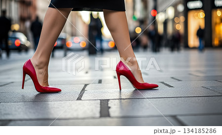 Low section business woman wearing red high heel shoes walking city street paving stone fashion style elegance footwear urban lifestyle background Low section business woman wearing red high heel shoes walking city street paving stone fashion style elegance footwear urban lifestyle background 134185286