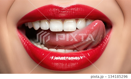 Close up of sexy woman licking red glossy lips with tongue showing white teeth isolated on skin background for cosmetics 134185296