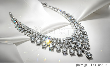 Luxury diamond necklace with white gemstones on white silk fabric background with bright star flare and reflection for jewelry store Luxury diamond necklace with white gemstones on white silk fabric background with bright star flare and reflection for jewelry store 134185306