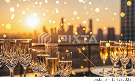 Many crystal champagne glasses on table against sunset city skyline background with golden bokeh lights illustrating rooftop party celebration event 134185328