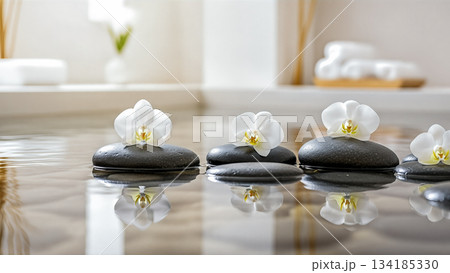 White orchid flowers on black spa stones in water with reflection illustrating zen wellness and relaxation therapy theme background 134185330