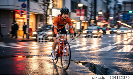 朝日を背に走る笑顔の女性 134185379